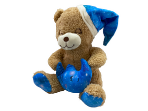Schlaf - Teddybär mit blauer Schlafmütze und Mond